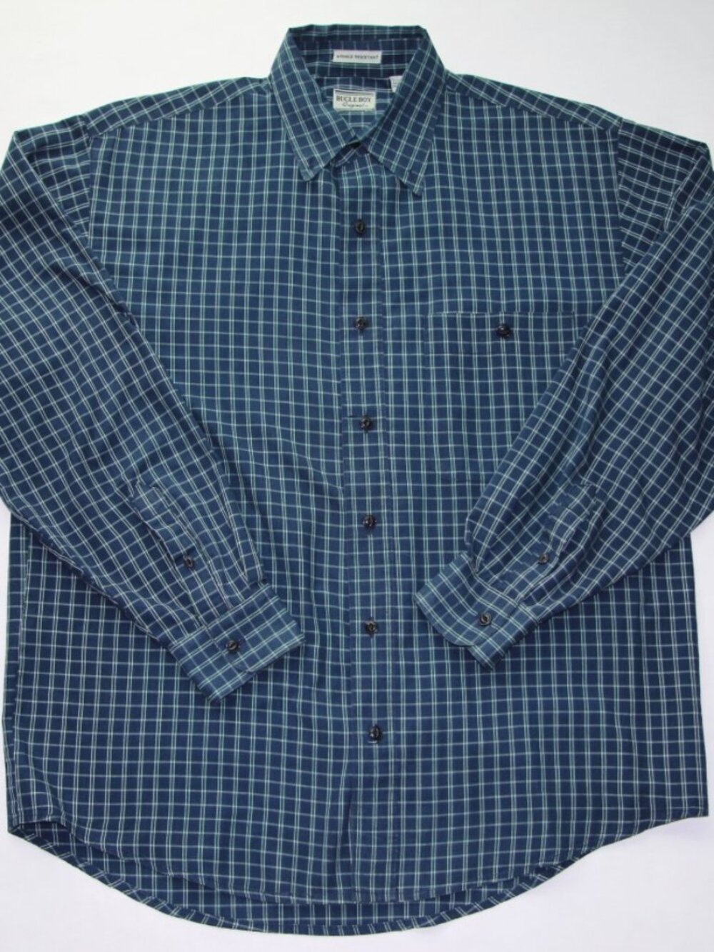 Bugle Boy Original Navy & Mint Green Striped Casual Shirt Material 65/35 Size M